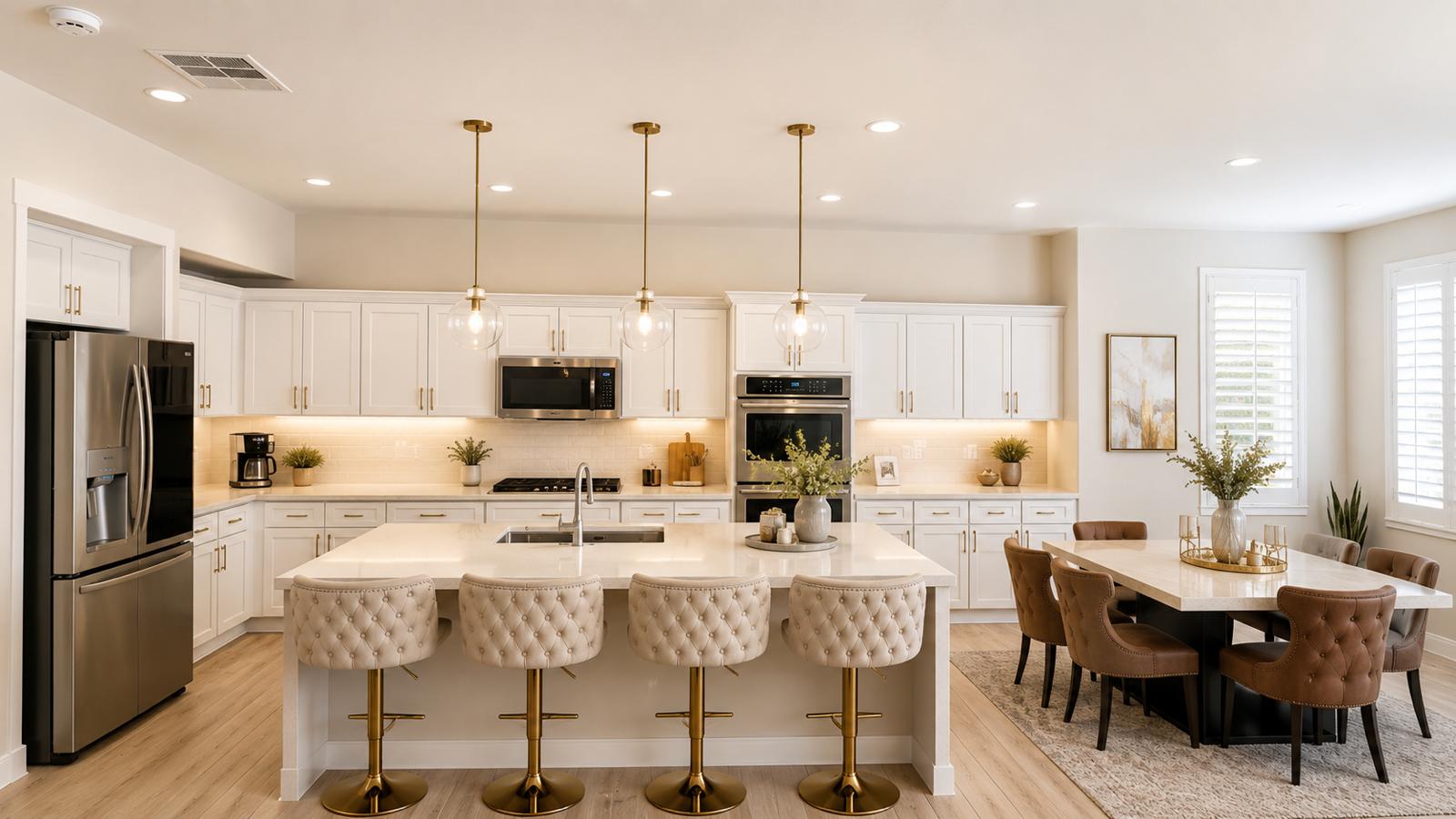 Bright kitchen with island seating where meals are cooked fresh daily