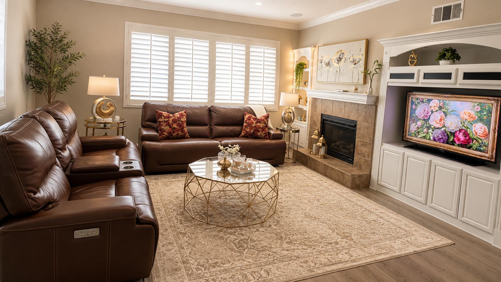 Warm, sunlit living room with leather sofas and a fireplace inside the Hope and Care home